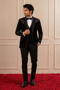 Black tuxedo jacket in velvet base with cutdana and moti hand embroidery