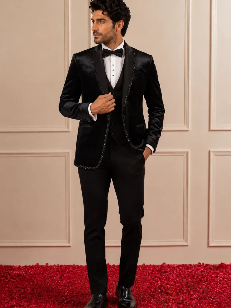 Black tuxedo jacket in velvet base with cutdana and moti hand embroidery