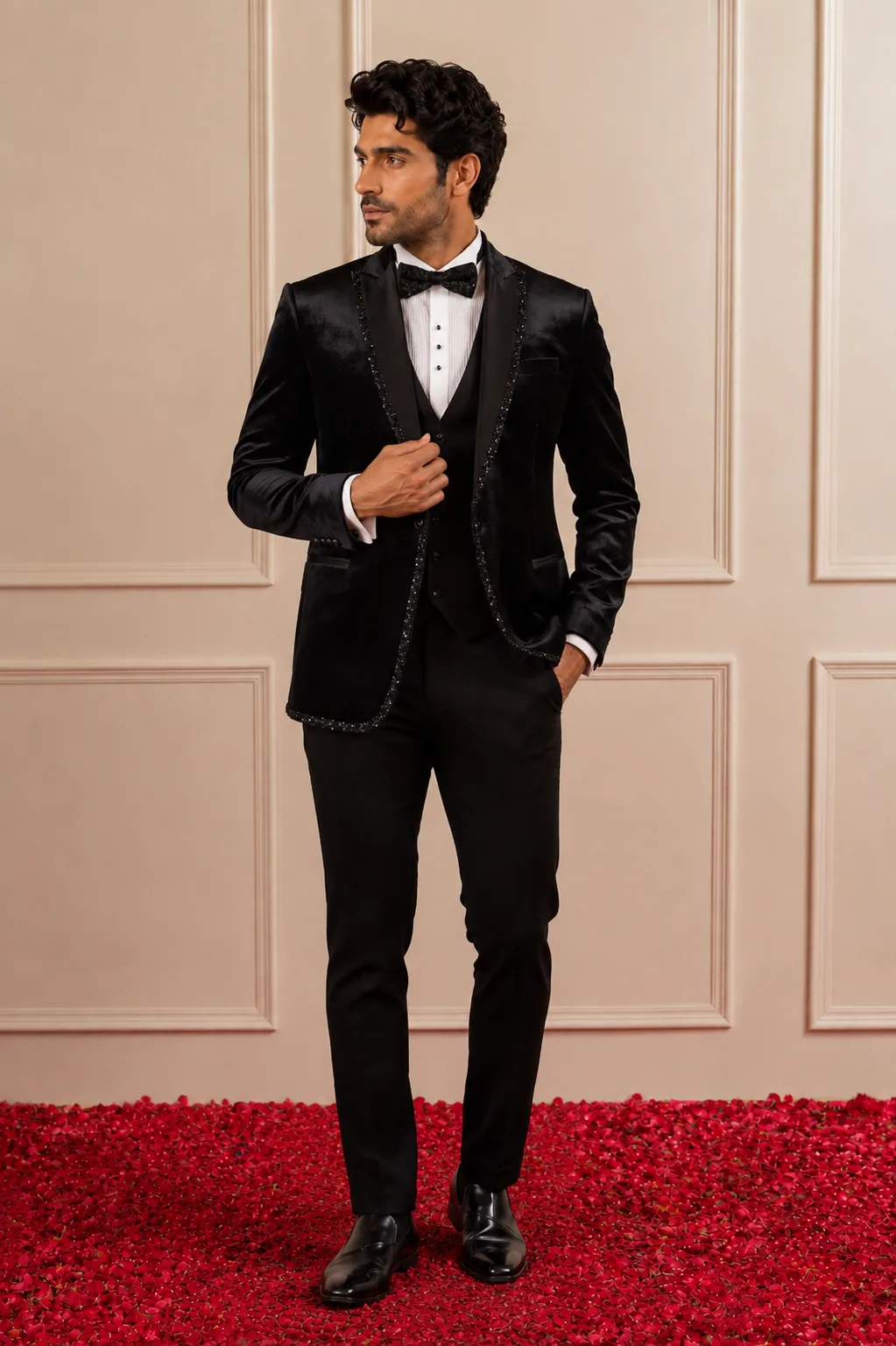 Black tuxedo jacket in velvet base with cutdana and moti hand embroidery