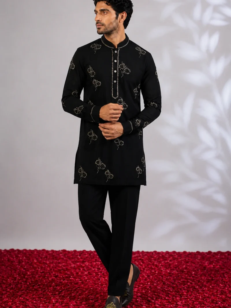 Black Cotton Satin Kurta Set