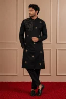 Black Satin Artwork & Hand Embellished Kurta Set