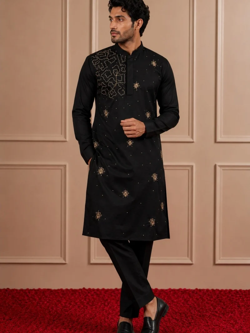 Black Satin Artwork & Hand Embellished Kurta Set