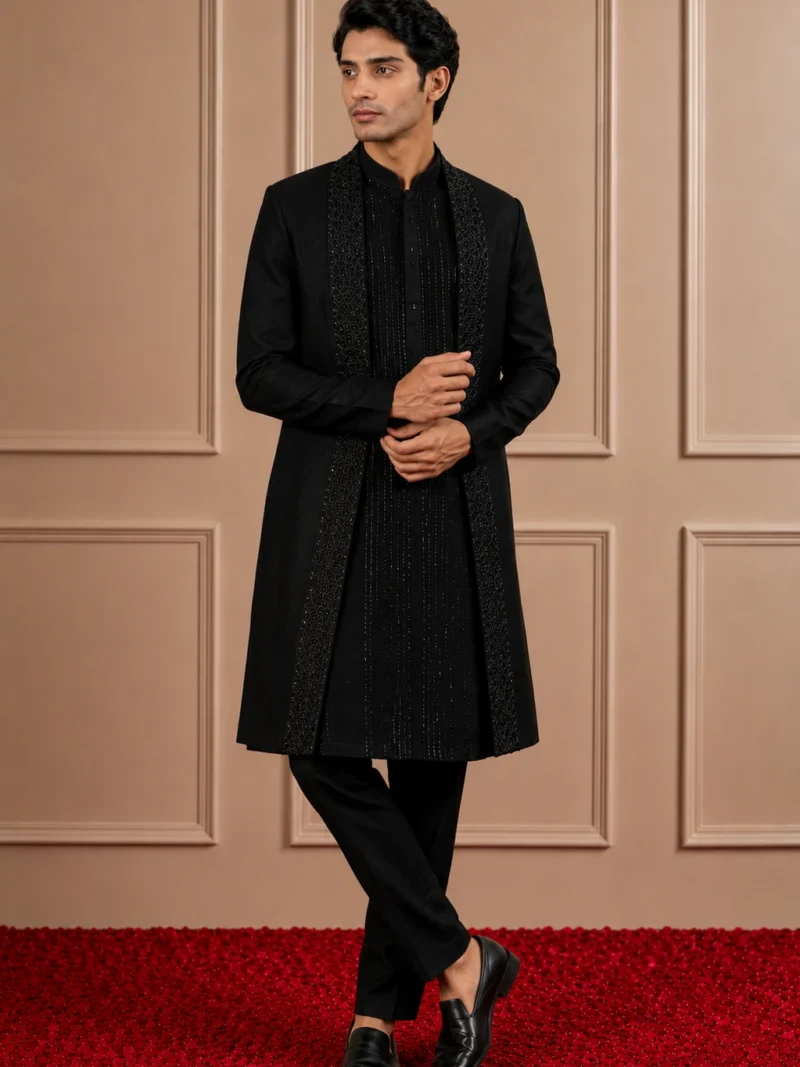 BLACK CREPE SEQUIN STRIPE EMBROIDERED INDO WESTERN SET
