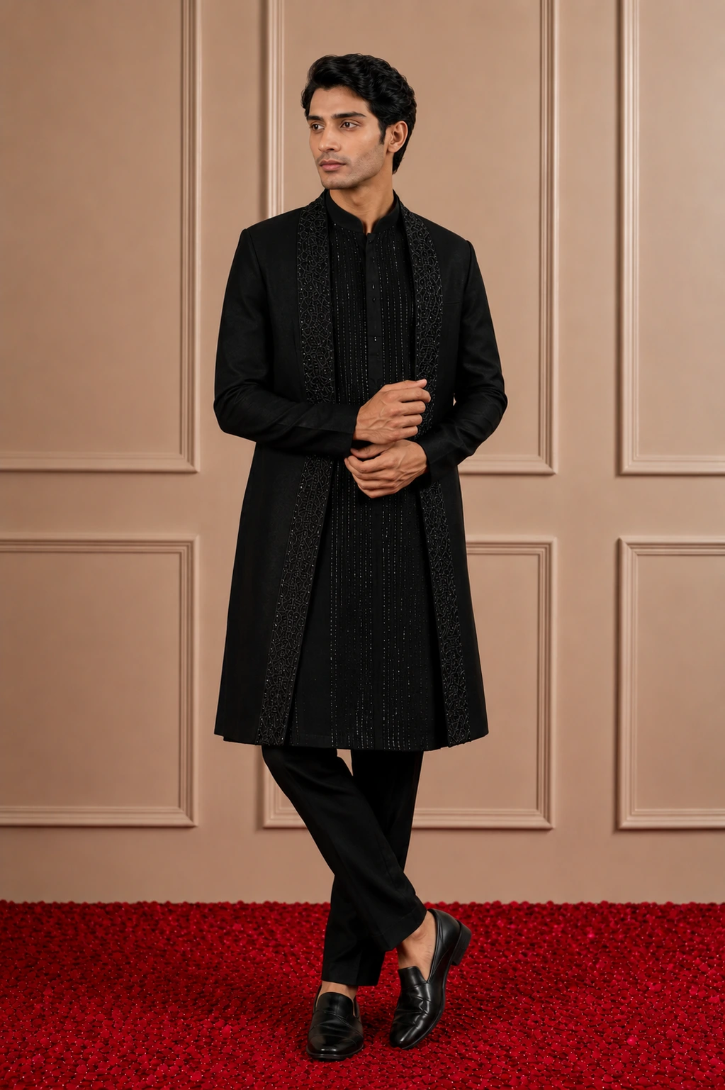 BLACK CREPE SEQUIN STRIPE EMBROIDERED INDO WESTERN SET