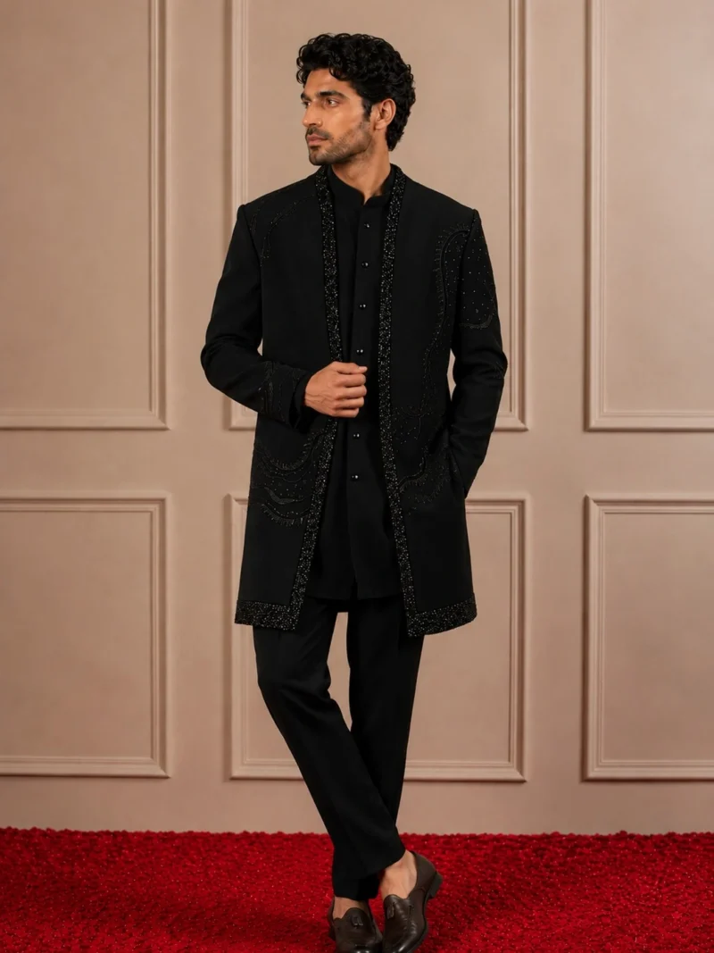 Black Crepe Sequin Embroidered Indo Western Set