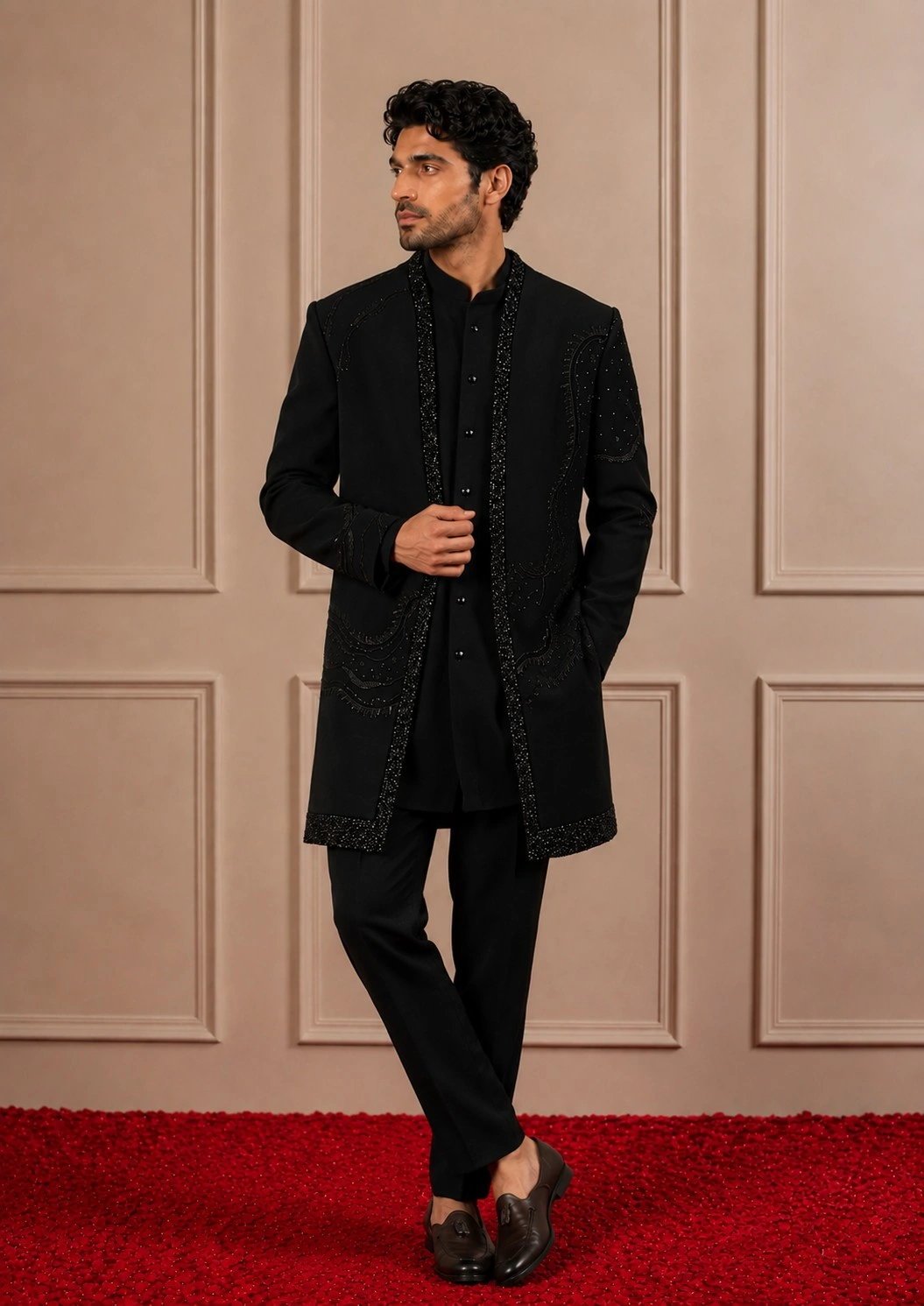 Black Crepe Sequin Embroidered Indo Western Set
