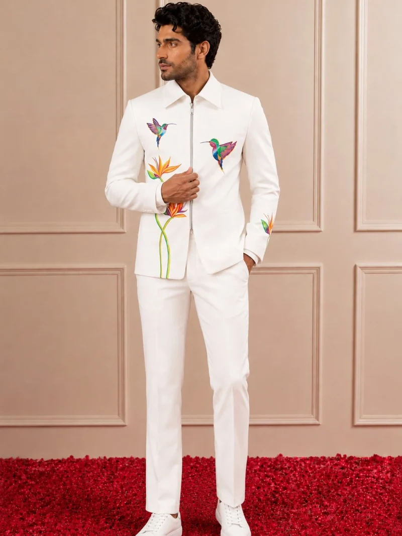White Hummingbird Zip-Up Suit & Trouser Co-ord Set | Men's Carnival Wear