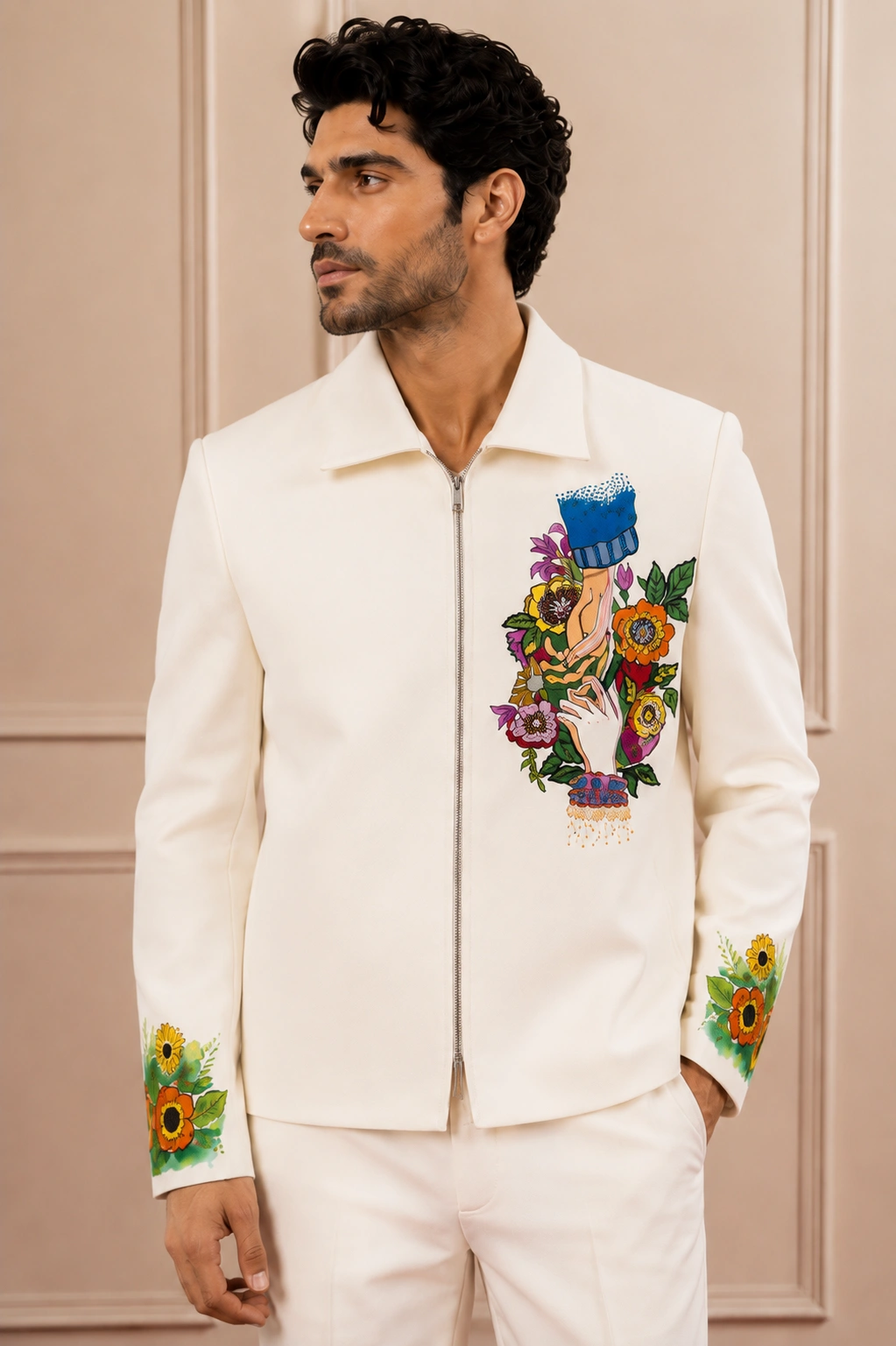 White Floral Motif Embellishment Zip-Up Co-ord Set | Men's Carnival wear - Image 2