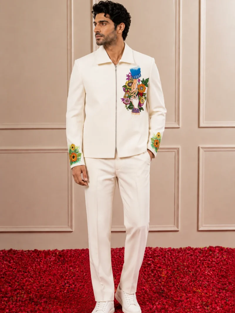 White Floral Motif Embellishment Zip-Up Co-ord Set | Men's Carnival wear