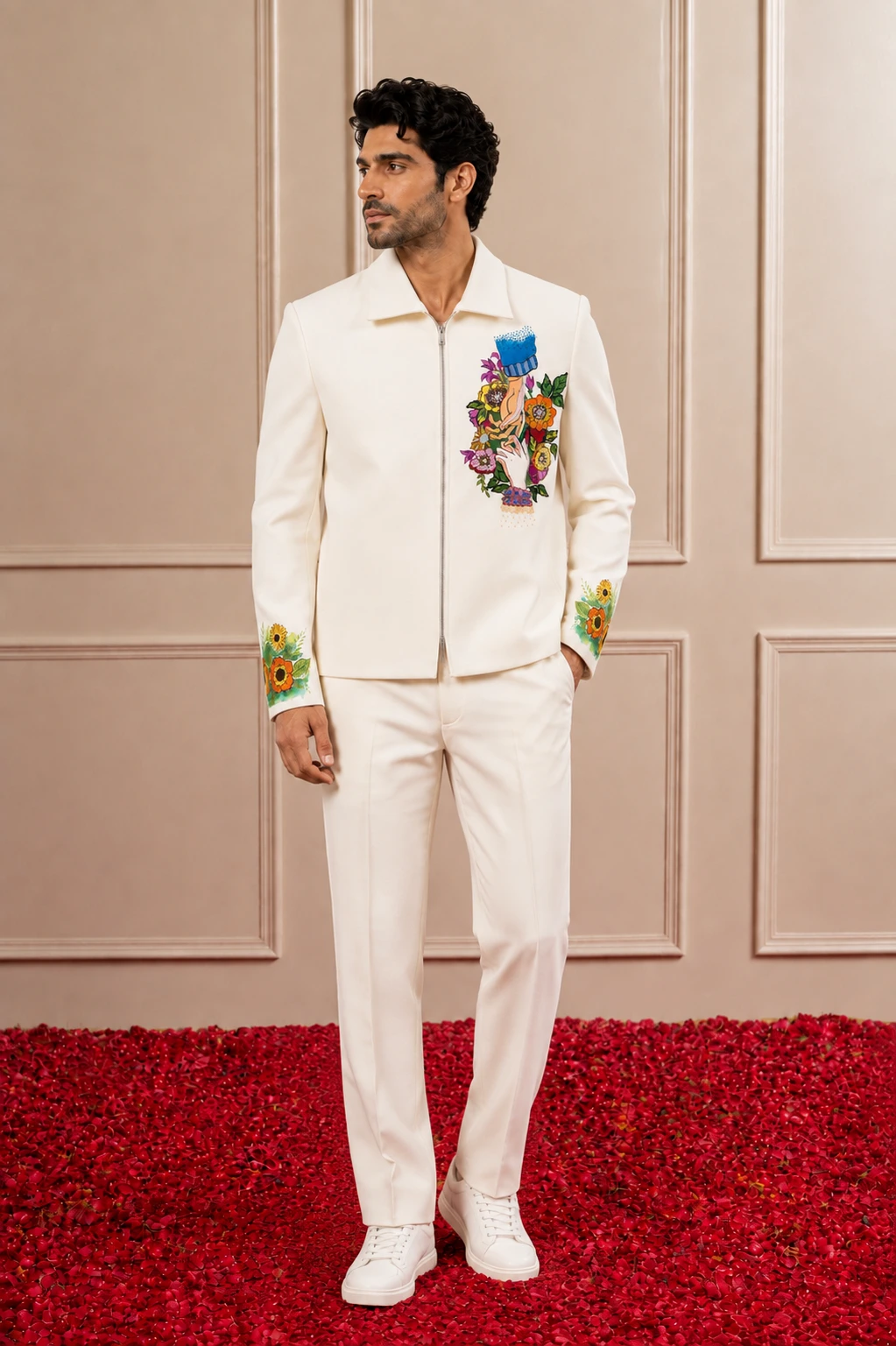 White Floral Motif Embellishment Zip-Up Co-ord Set | Men's Carnival wear