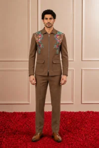 Brown Coffee Terry Rayon Blend Applique Embroidered &  Digital Printed Jacket Set