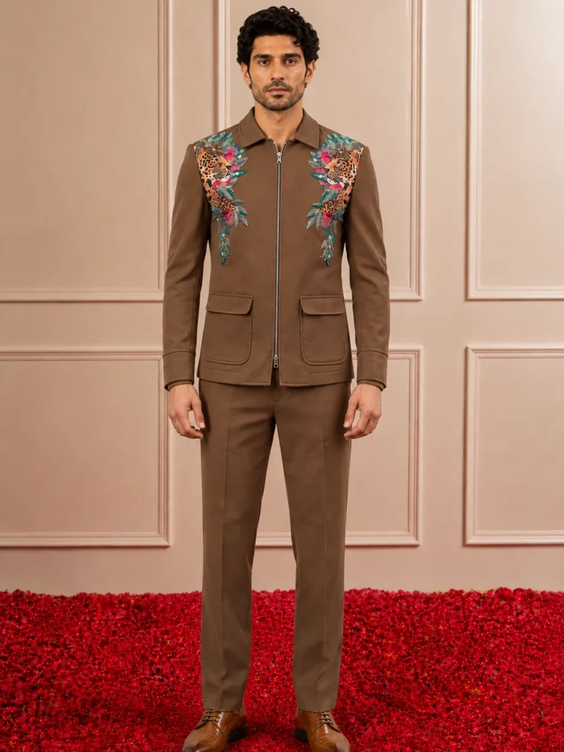 Brown Coffee Terry Rayon Blend Applique Embroidered &  Digital Printed Jacket Set