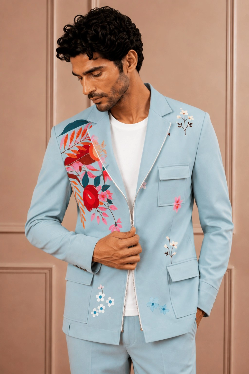 Men's Light Blue Floral Embellished Suit | Zip-Front Blazer - Image 2