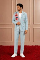 Men's Light Blue Floral Embellished Suit | Zip-Front Blazer