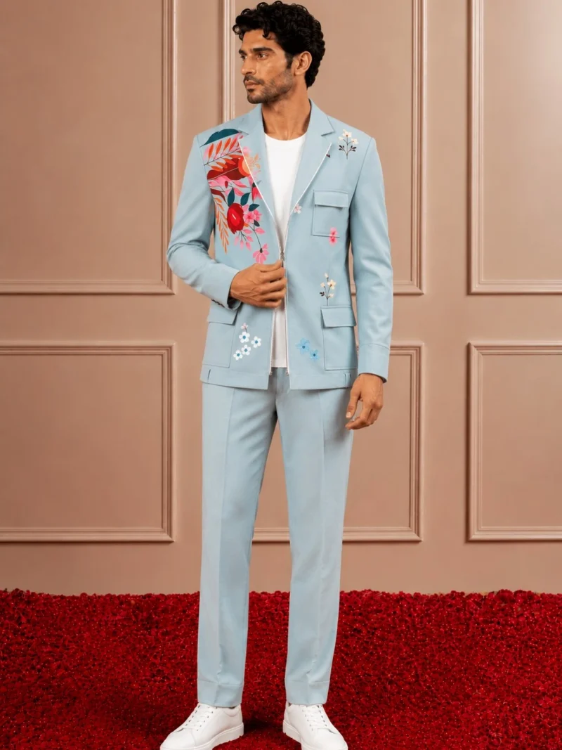 Men's Light Blue Floral Embellished Suit | Zip-Front Blazer