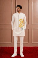 Ivory white Kurta & Nehru Jacket Set for Men | Yellow Floral Motif | Sonal & Janmesh Atelier