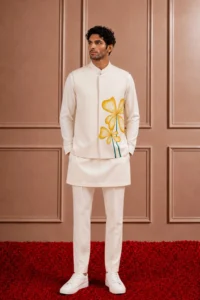 Ivory white Kurta & Nehru Jacket Set for Men | Yellow Floral Motif | Sonal & Janmesh Atelier