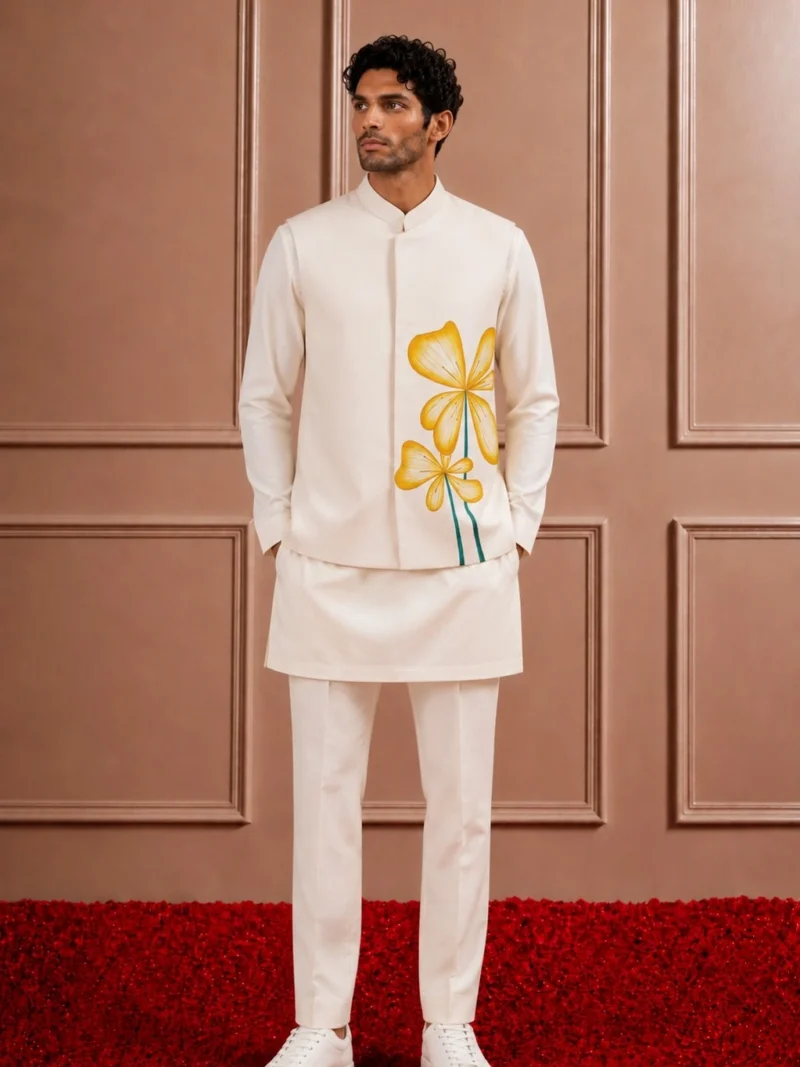 Ivory white Kurta & Nehru Jacket Set for Men | Yellow Floral Motif | Sonal & Janmesh Atelier