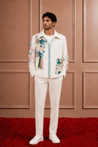 Hand-Embroidered White Shacket Set for Men | 3D Floral & Tassel Detailing