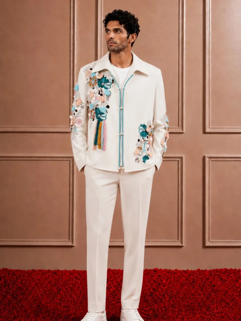 Hand-Embroidered White Shacket Set for Men | 3D Floral & Tassel Detailing