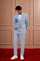 Powder Blue Zip-Up Floral Suit Set for Men | Modern Co-ord with Patch Pockets | Sonal & Janmesh Atelier
