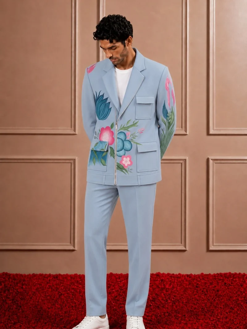 Powder Blue Zip-Up Floral Suit Set for Men | Modern Co-ord with Patch Pockets | Sonal & Janmesh Atelier