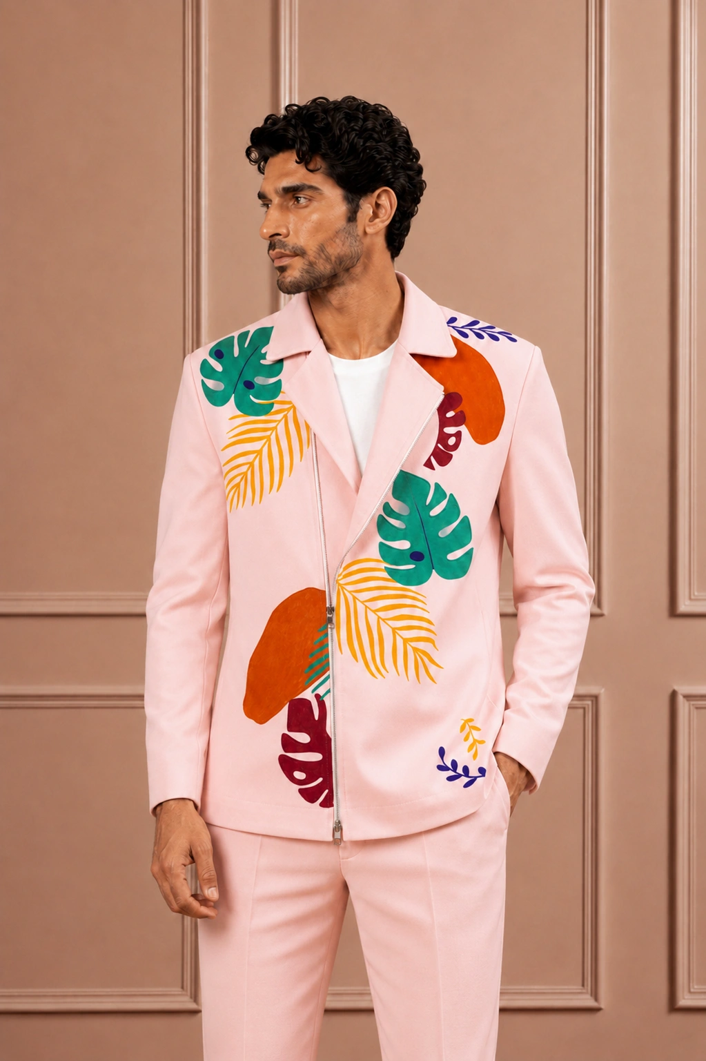 Blush Pink Tropical Print Zip-Up Suit Set for Men | Asymmetrical Resort Wear | Sonal & Janmesh Atelier - Image 2