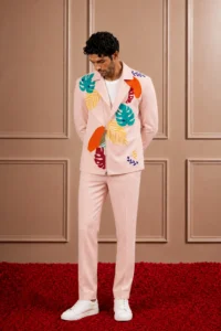 Blush Pink Tropical Print Zip-Up Suit Set for Men | Asymmetrical Resort Wear | Sonal & Janmesh Atelier