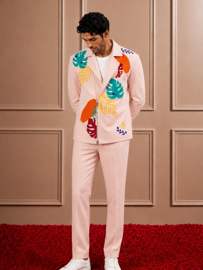 Blush Pink Tropical Print Zip-Up Suit Set for Men | Asymmetrical Resort Wear | Sonal & Janmesh Atelier