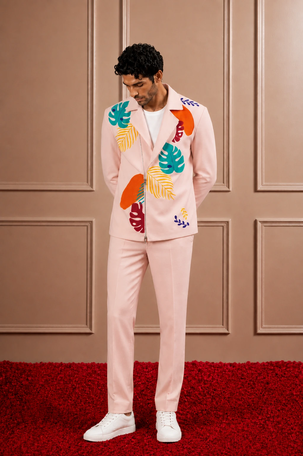 Blush Pink Tropical Print Zip-Up Suit Set for Men | Asymmetrical Resort Wear | Sonal & Janmesh Atelier
