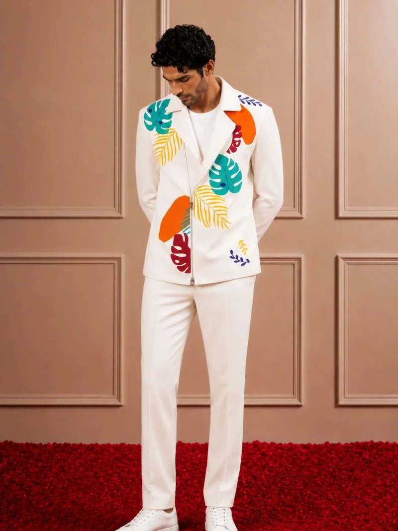 Ivory Tropical Motif Zip-Front Co-ord Set