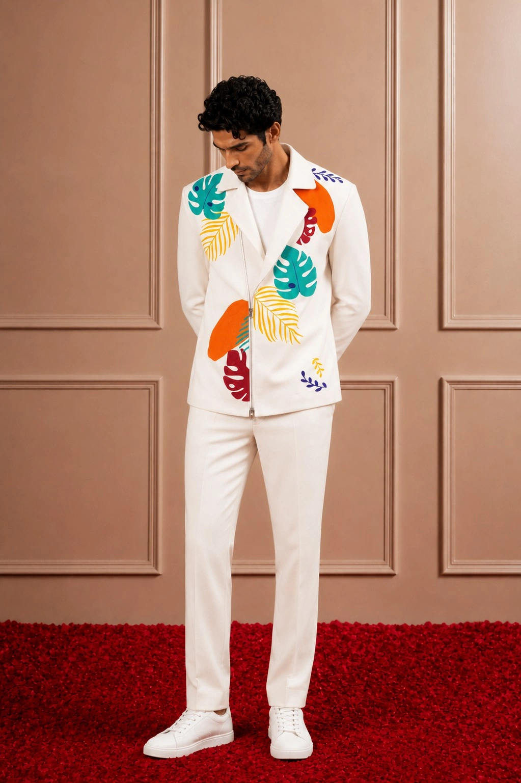 Ivory Tropical Motif Zip-Front Co-ord Set