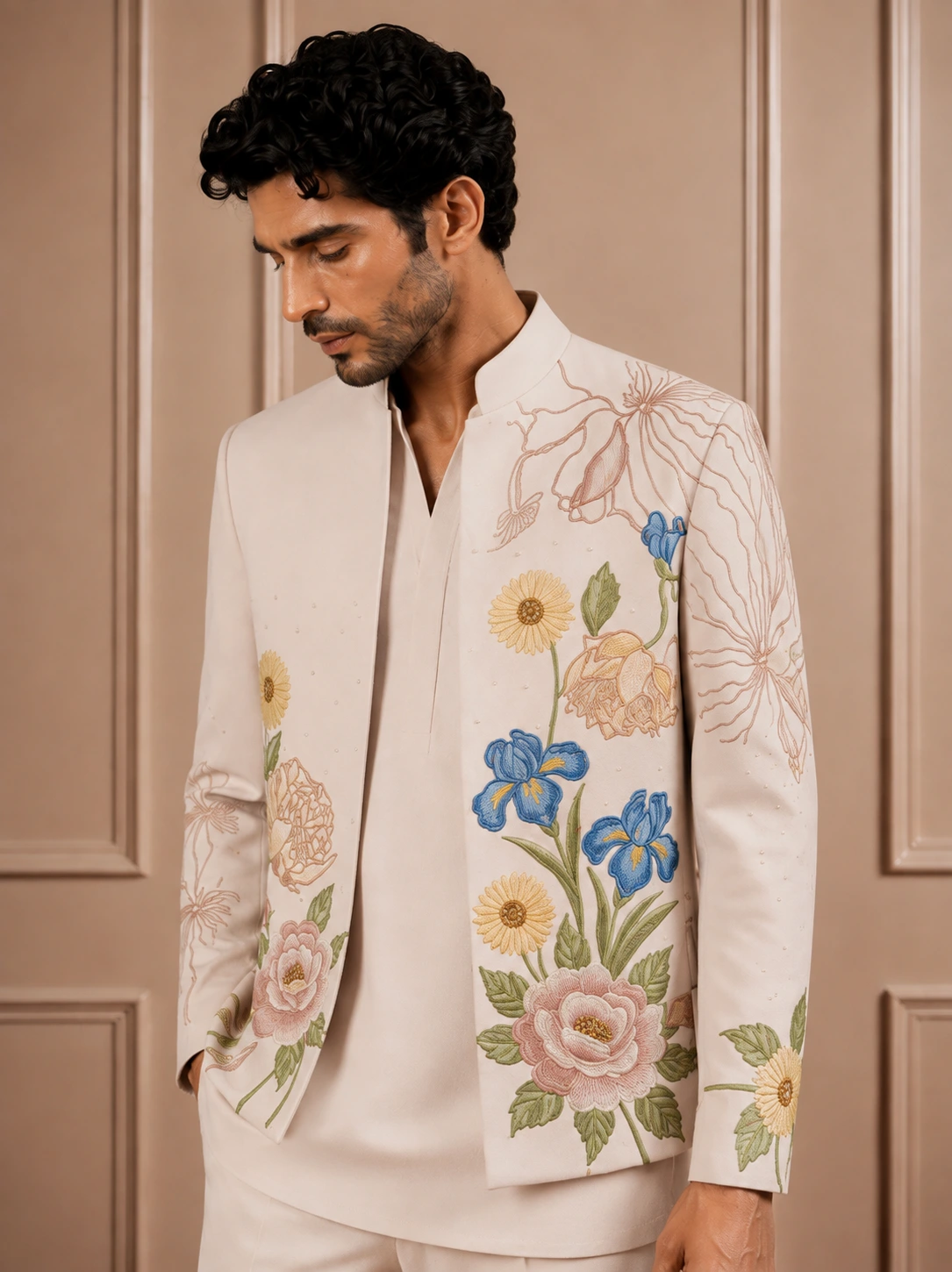 Beige Floral Embroidered Indo-Western 3-Piece Set - Image 2