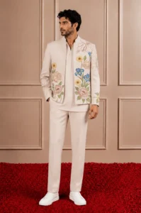 Beige Floral Embroidered Indo-Western 3-Piece Set