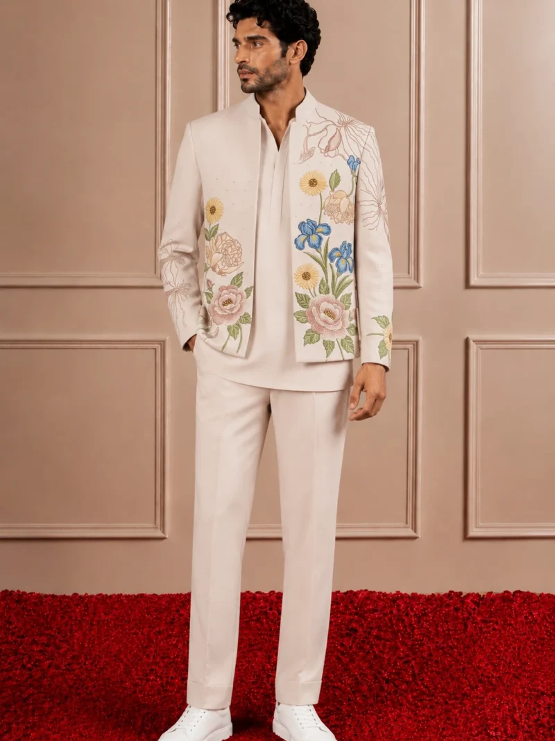 Beige Floral Embroidered Indo-Western 3-Piece Set