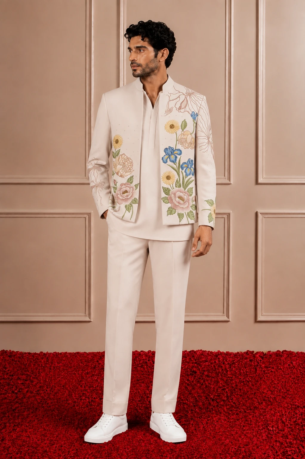 Beige Floral Embroidered Indo-Western 3-Piece Set