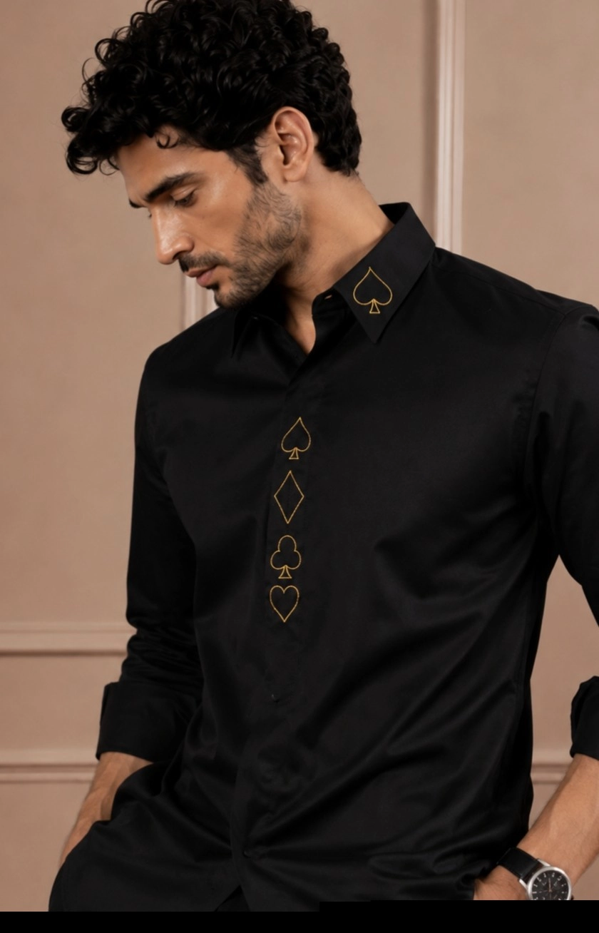 Black Hand-Worked Cutdana 'Card Suits' Shirt - Image 2