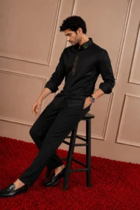 Black Hand-Worked Cutdana 'Card Suits' Shirt
