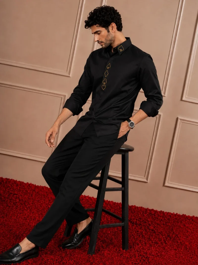 Black Hand-Worked Cutdana 'Card Suits' Shirt