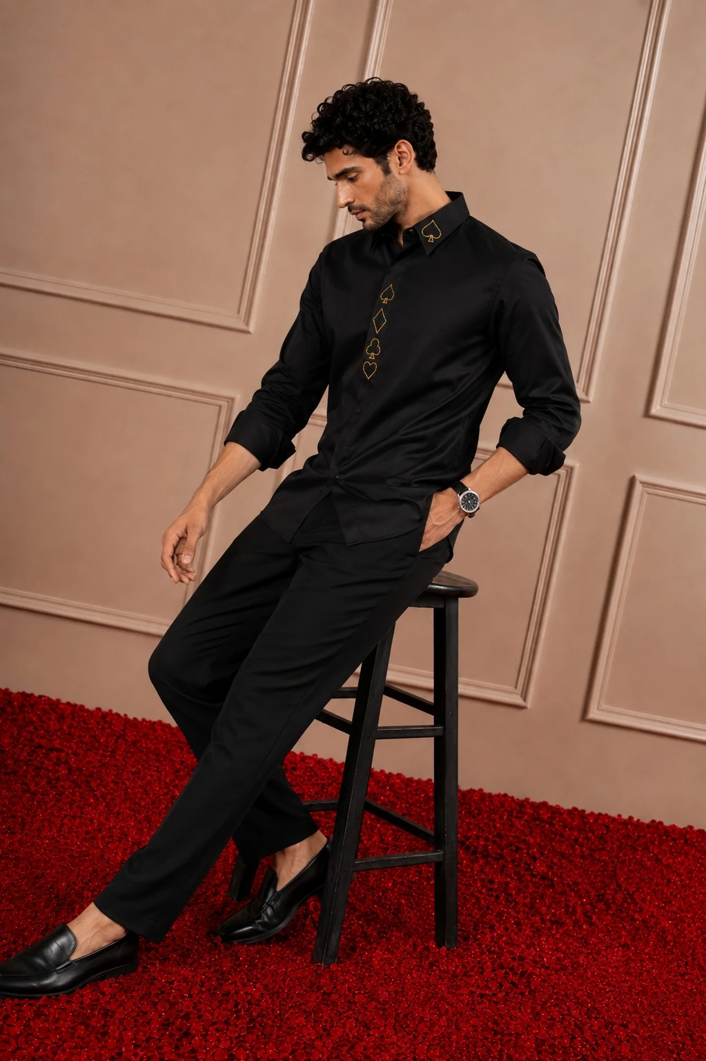 Black Hand-Worked Cutdana 'Card Suits' Shirt