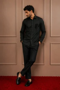 Black 'Midnight Bloom' Hand-Beaded Designer Shirt