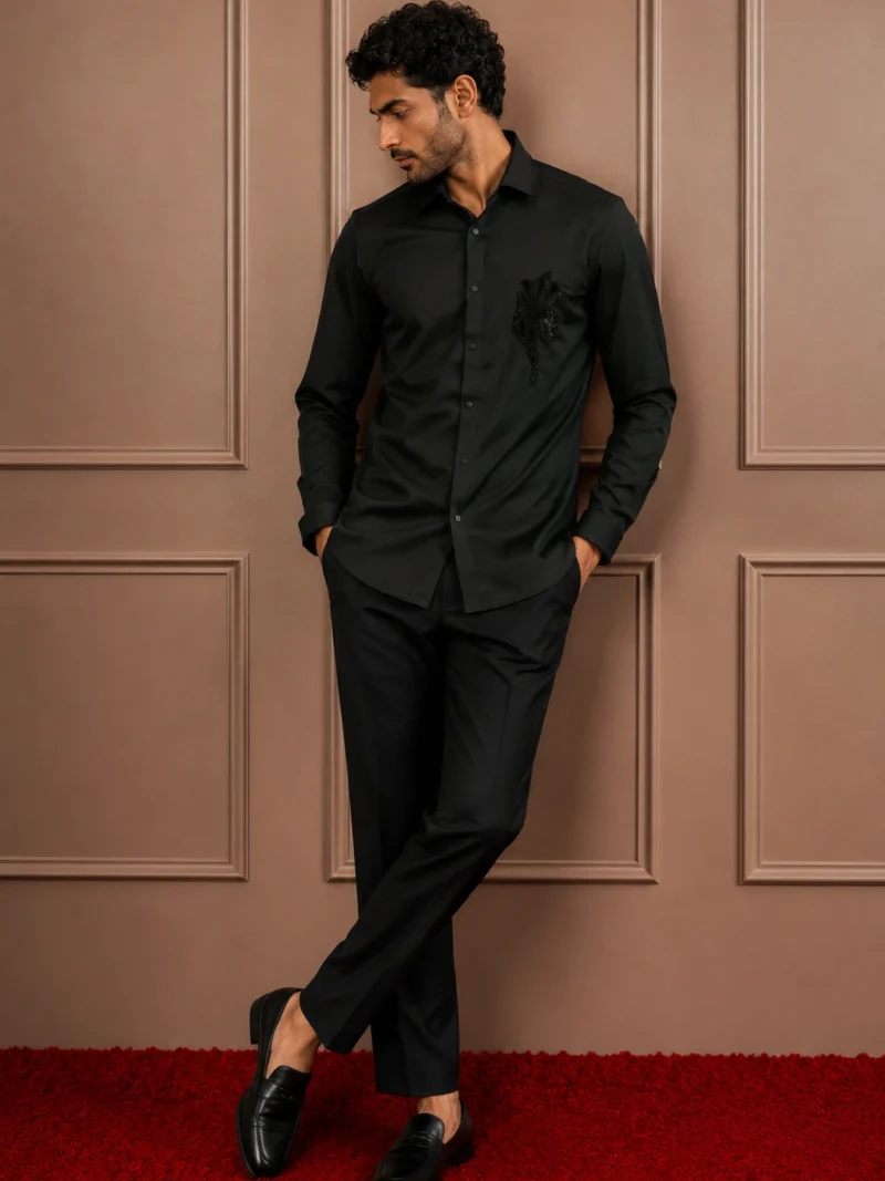 Black 'Midnight Bloom' Hand-Beaded Designer Shirt