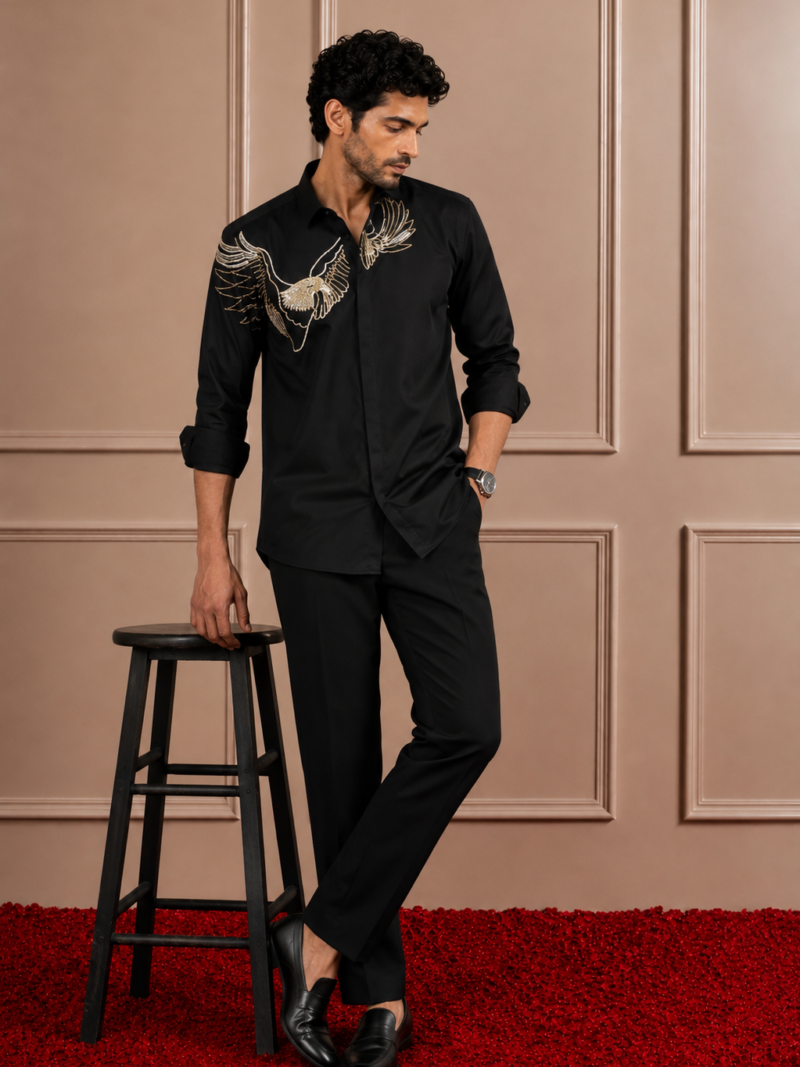 Black 'Metallic Eagle' Embroidered Designer Shirt