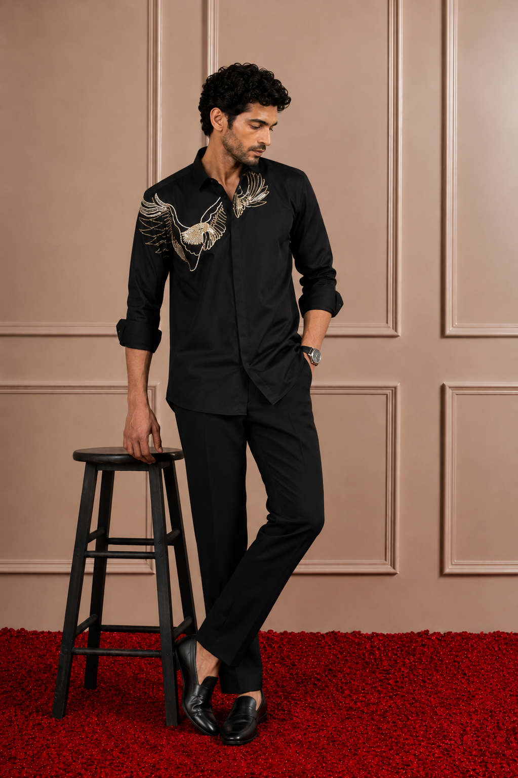 Black 'Metallic Eagle' Embroidered Designer Shirt
